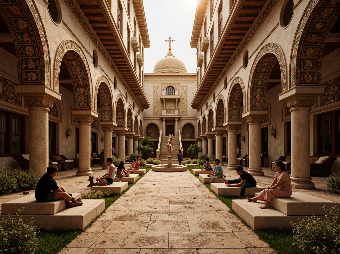 Prompt: Ancient monument ruins, fusion architecture, weathered stone walls, ornate carvings, intricate mosaics, vibrant cultural patterns, rich historical textures, monumental arches, grandiose columns, imposing statues, mystical ambiance, warm golden lighting, dramatic shadows, 1/1 composition, symmetrical framing, realistic render, ambient occlusion, subtle depth of field.