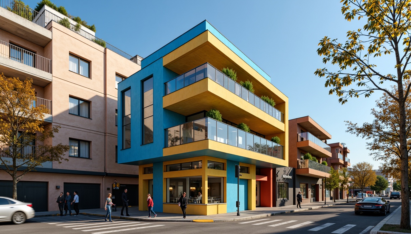 Prompt: Vibrant color scheme, bold architectural forms, contrasting hues, harmonious palette, natural light reflections, warm beige walls, cool blue accents, rich wood tones, metallic finishes, glass facades, modern minimalist aesthetic, urban cityscape, bustling streets, pedestrian traffic, dynamic street art, eclectic neighborhood vibe, afternoon sunlight, soft shadows, 1/2 composition, symmetrical balance, atmospheric perspective.