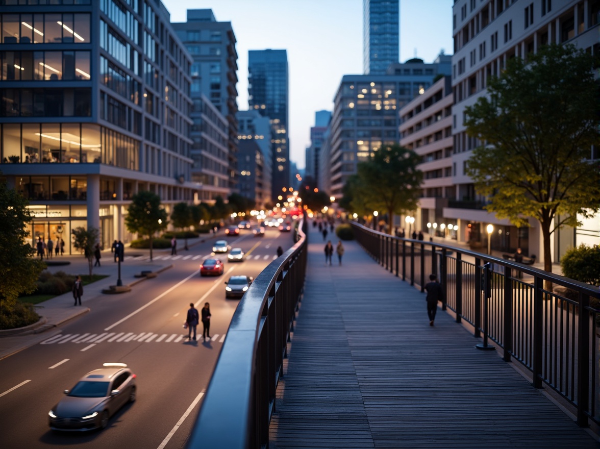 Prompt: Curved pedestrian bridge, sleek metal railings, wooden decking, modern urban landscape, city skyline, busy streets, vibrant streetlights, evening atmosphere, soft warm glow, shallow depth of field, 3/4 composition, panoramic view, realistic textures, ambient occlusion, structural columns, cantilevered sections, suspension cables, diagonal bracing, geometric shapes, minimalist design, functional aesthetics, pedestrian-friendly infrastructure, accessible ramps, safety handrails, urban connectivity.