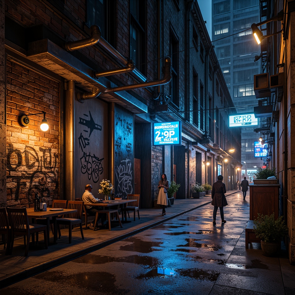 Prompt: Rustic warehouse facade, exposed brick walls, metallic accents, industrial pipes, neon lights, futuristic LED displays, cyberpunk-inspired graffiti, urban cityscape, rainy night atmosphere, dramatic backlighting, high-contrast shadows, cinematic composition, 1/2 camera angle, shallow depth of field, realistic reflections, ambient occlusion.