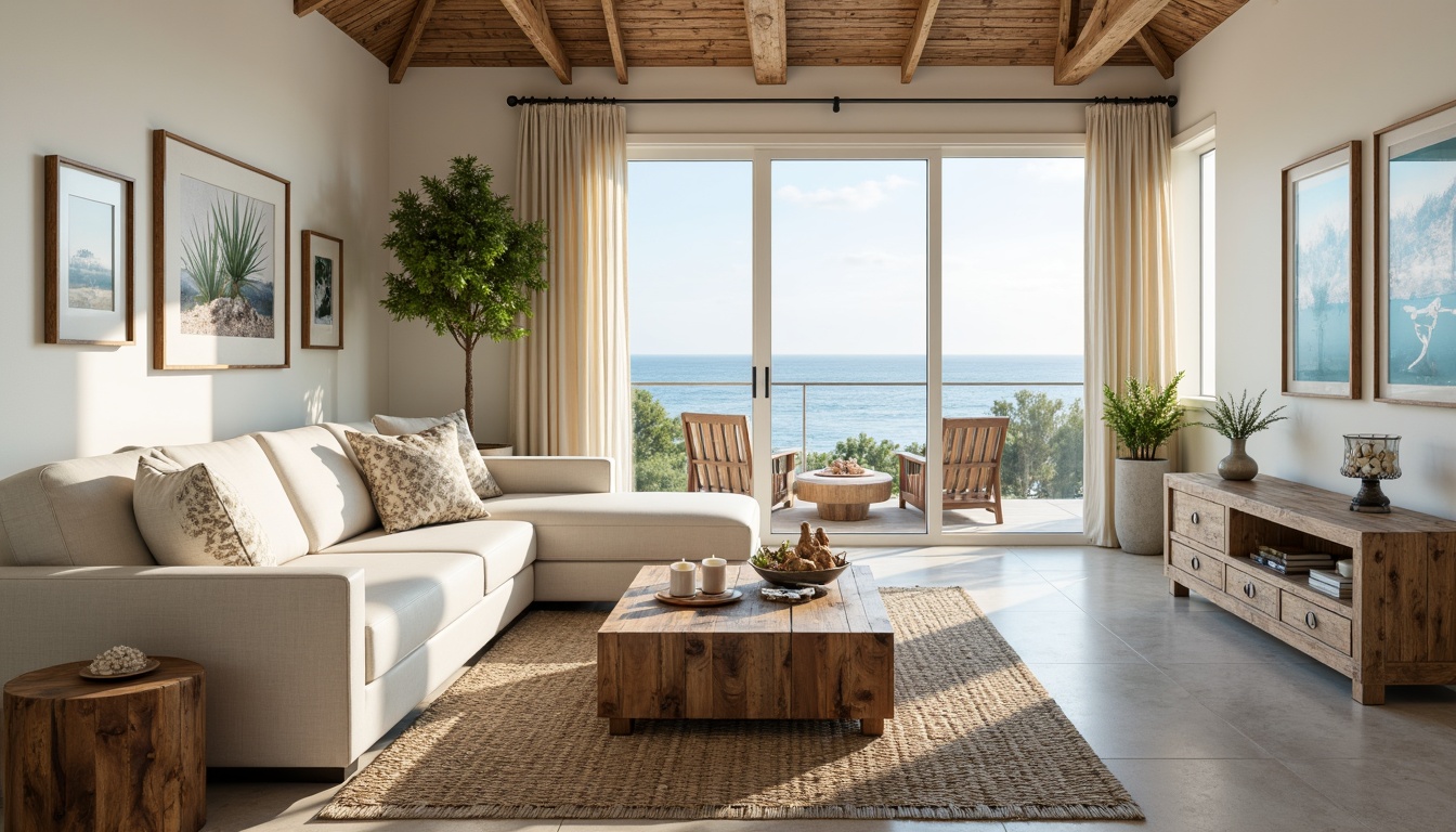 Prompt: Coastal living room, ocean-inspired color palette, driftwood accents, natural textiles, woven sea grass rugs, shell-adorned decorative pieces, floor-to-ceiling windows, sliding glass doors, beachy vibe, soft warm lighting, 1/1 composition, shallow depth of field, realistic wood textures, ambient occlusion, modern minimalist furniture, plush sectional sofas, reclaimed wood coffee tables, nautical-themed artwork, coral-patterned throw pillows, sea salt-scented candles, calming atmosphere.