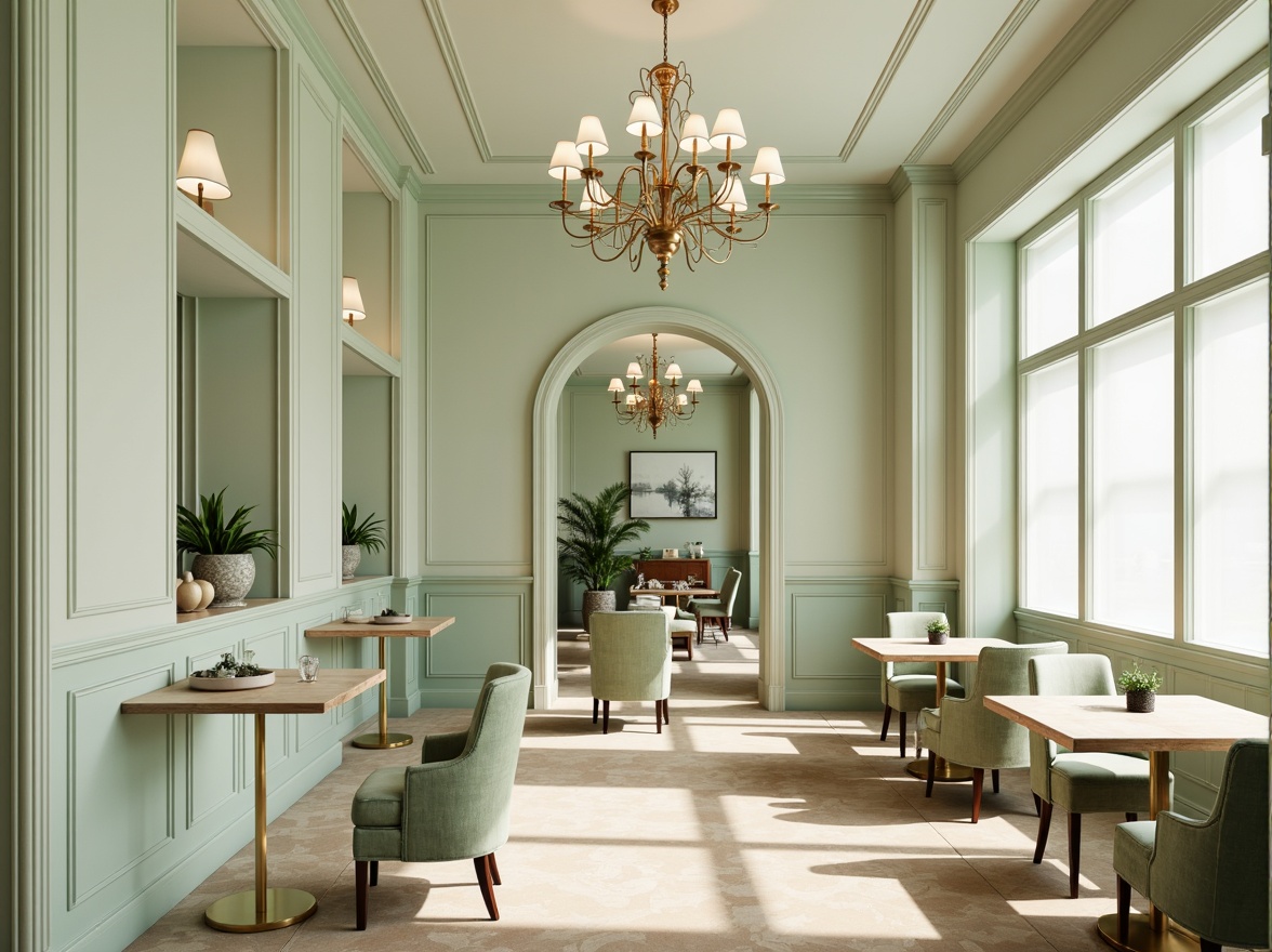 Prompt: Pastel mint walls, creamy white trim, warm beige flooring, elegant chandeliers, refined wooden tables, plush velvet chairs, soft sage green accents, delicate gold hardware, subtle linen textures, airy natural light, shallow depth of field, 1/1 composition, realistic reflections, ambient occlusion.