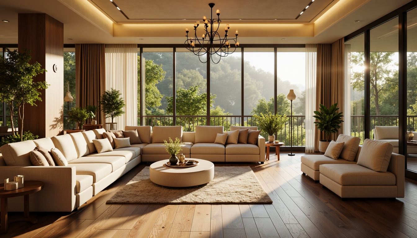 Prompt: Cozy living room, plush sofas, warm beige walls, rich wood flooring, soft golden lighting, comfortable throw pillows, modern minimalist decor, large windows, natural daylight, lush greenery views, elegant chandeliers, sophisticated color palette, calming atmosphere, shallow depth of field, 1/1 composition, realistic textures, ambient occlusion.