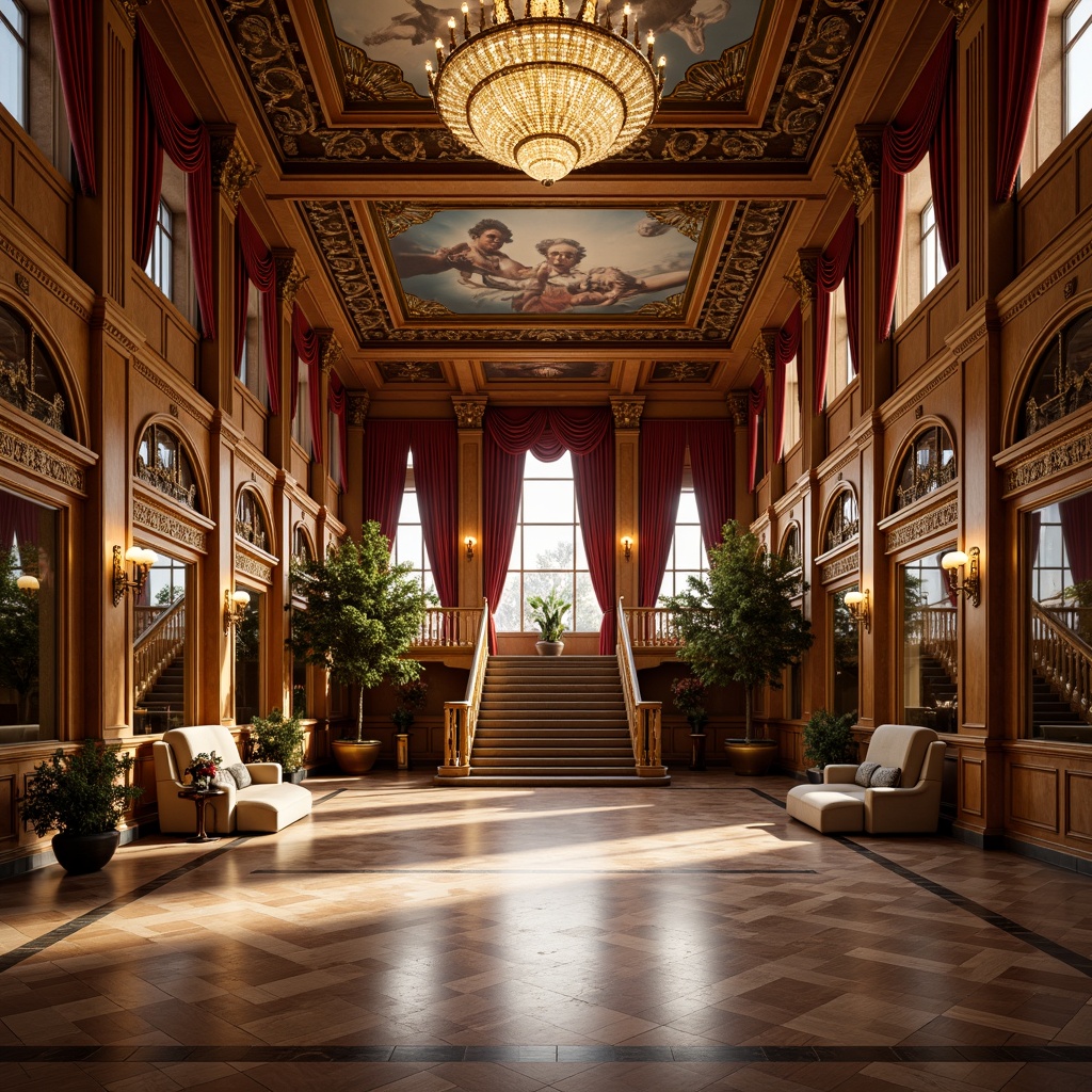 Prompt: Ornate gymnasium, rich wood paneling, gilded accents, intricate carvings, grand chandeliers, polished marble floors, ornamental mirrors, luxurious velvet drapes, regal throne-like seating, opulent crystal fixtures, dramatic archways, sweeping staircases, lavish fresco ceilings, warm golden lighting, soft focus photography, 1/2 composition, symmetrical framing, realistic reflections, ambient occlusion.