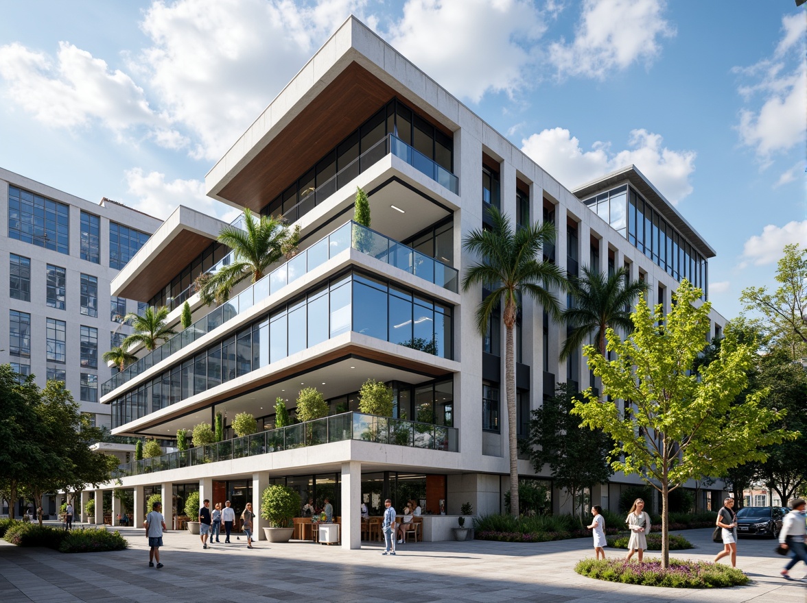 Prompt: Modern international school facade, sleek glass curtain walls, minimalist metal frames, cantilevered roofs, open-air balconies, vibrant colorful accents, geometric patterns, abstract sculptures, lush greenery, tropical plants, natural stone cladding, steel beams, exposed ductwork, industrial chic aesthetic, urban cityscape background, cloudy blue sky, soft diffused lighting, shallow depth of field, 2/3 composition, realistic textures, ambient occlusion.