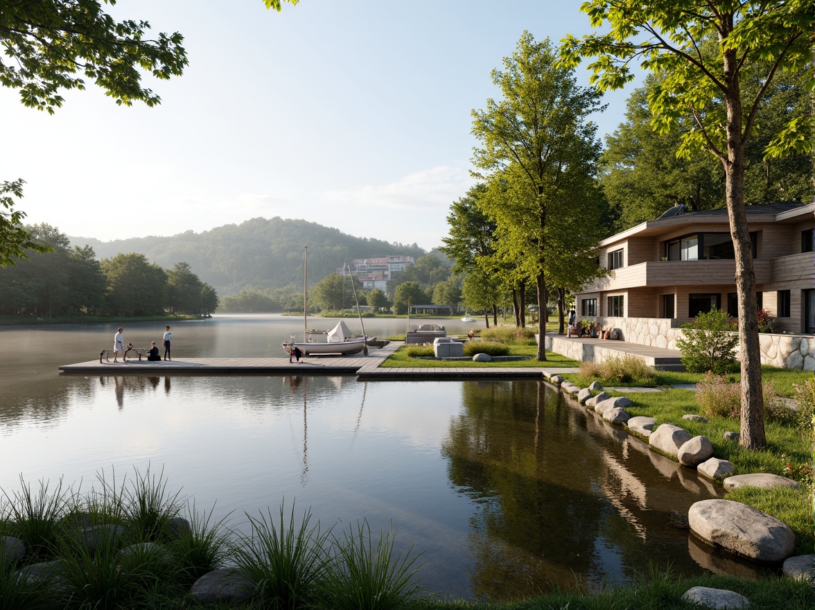 Prompt: Serene lakefront scenery, lush greenery, tranquil water reflections, wooden docks, sailboats, seagulls, rustic stone walls, modern minimalist architecture, large windows, sliding glass doors, natural wood accents, warm cozy lighting, shallow depth of field, 3/4 composition, panoramic view, realistic textures, ambient occlusion.