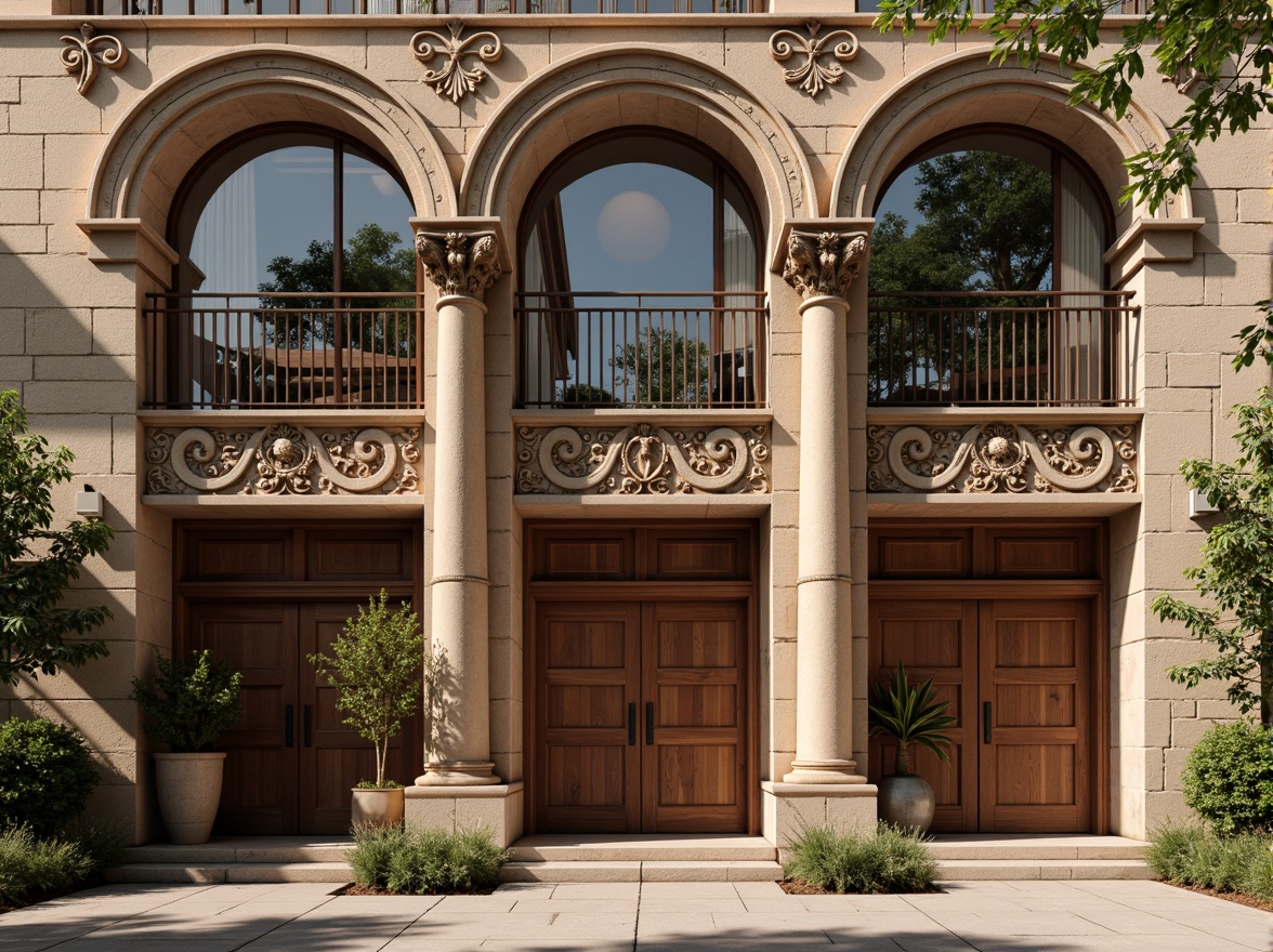 Prompt: Rustic office building, Romanesque facade, arched windows, ornate stone carvings, grand entrance, heavy wooden doors, intricate moldings, earthy color palette, natural stone walls, columned portico, symmetrical composition, warm afternoon lighting, shallow depth of field, 1/2 composition, realistic textures, ambient occlusion.