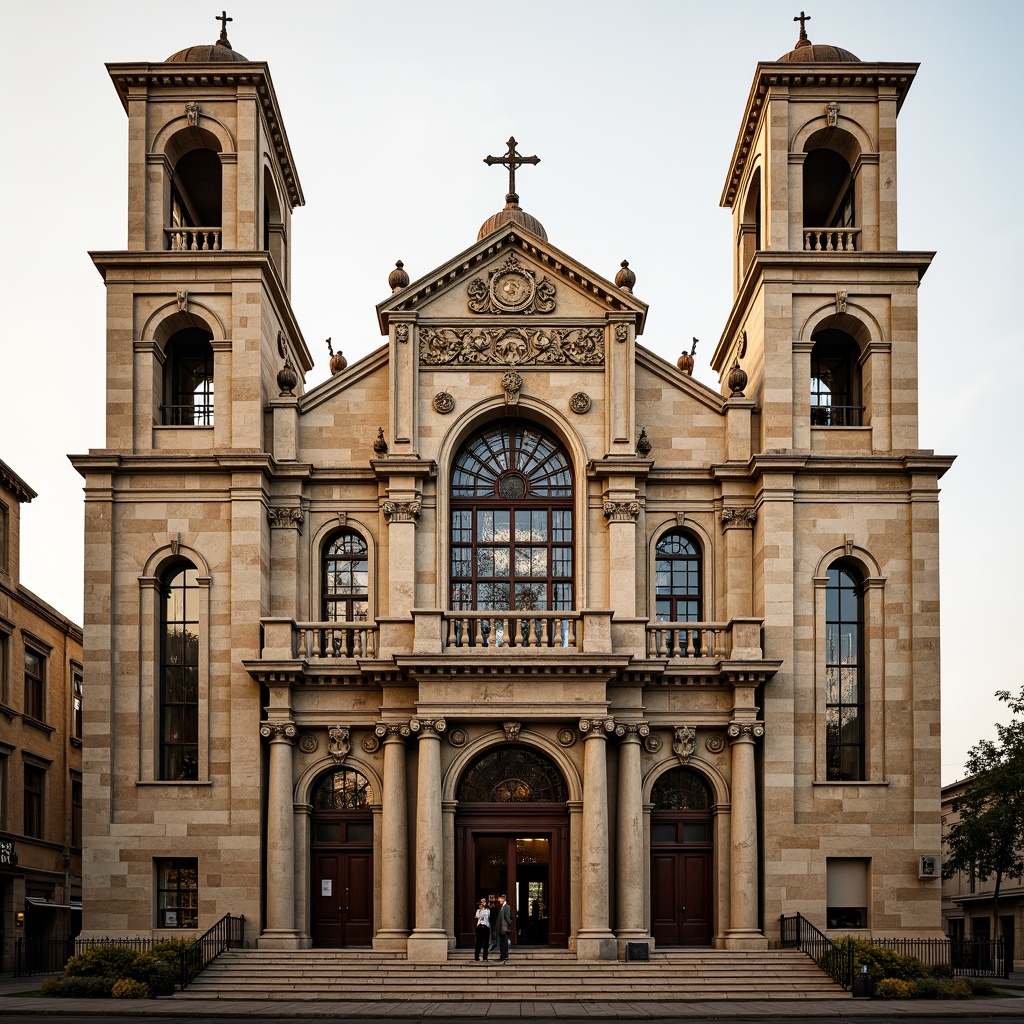 Prompt: Grandiose church facade, ornate stone carvings, symmetrical composition, soaring bell towers, intricate stained glass windows, majestic entrance archways, rusticated quoins, Corinthian columns, decorative pilasters, ornamental pediments, subtle weathered stone textures, warm golden lighting, soft focus, shallow depth of field, 2/3 composition, realistic architectural details, ambient occlusion.