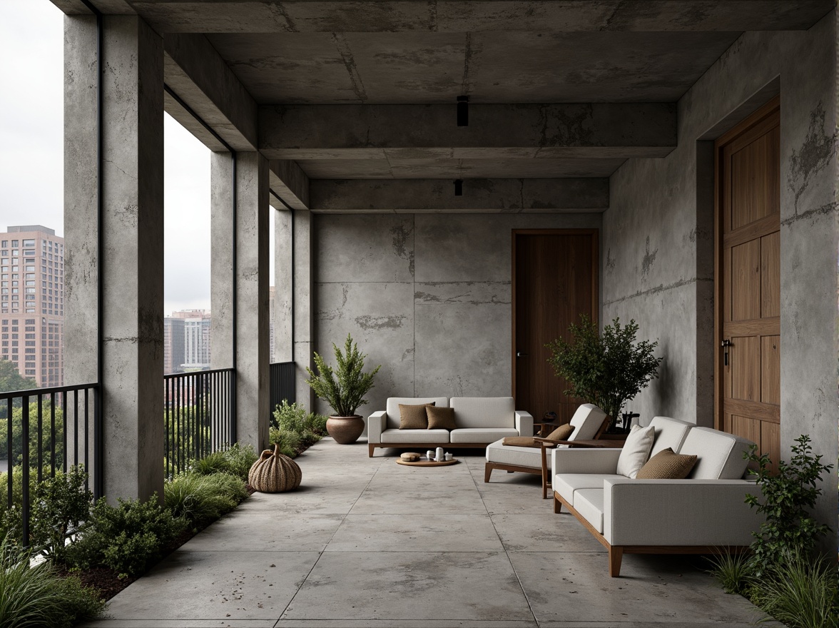 Prompt: Exposed concrete walls, rugged stone floors, industrial metal beams, brutalist architecture, raw unfinished textures, earthy tone color palette, muted greenery, weathered wood accents, functional minimalist decor, utilitarian furniture, urban cityscape views, overcast skies, dramatic shadows, high contrast lighting, 1/1 composition, symmetrical framing, realistic material rendering.