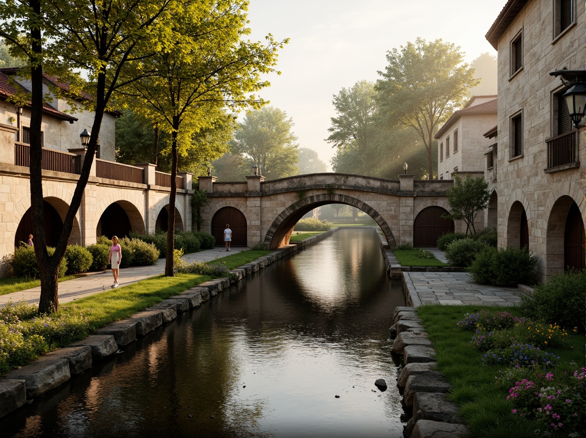 Prompt: Ancient stone bridges, ornate balustrades, rustic arches, weathered stonework, moss-covered piers, tranquil water reflections, serene riverbanks, lush greenery, vibrant flowers, historic lamp posts, decorative ironwork, grandiose entranceways, symmetrical composition, warm golden lighting, soft misty atmosphere, 1/2 composition, realistic textures, ambient occlusion.