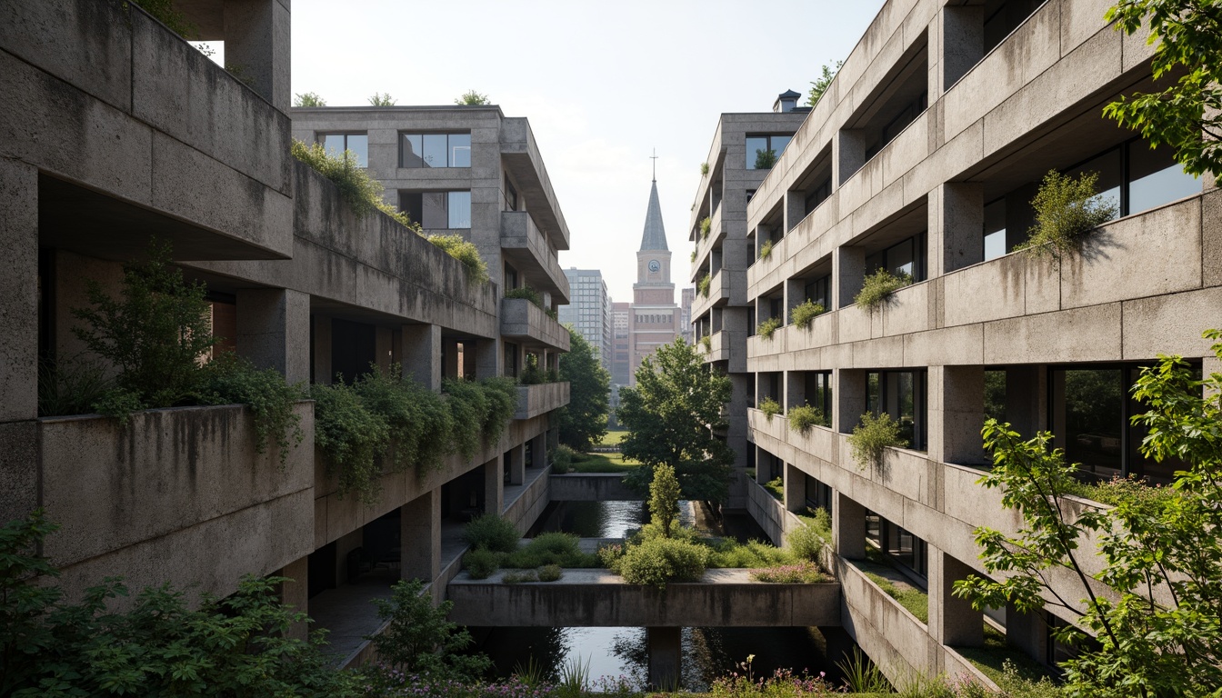 Prompt: Rugged brutalist buildings, raw concrete textures, fortress-like structures, overgrown vegetation, wildflowers, moss-covered walls, weathered steel beams, industrial materials, urban landscape integration, cityscape views, elevated walkways, cantilevered sections, dramatic shadows, harsh natural light, 1/1 composition, symmetrical framing, high-contrast colors, gritty realistic textures, ambient occlusion.