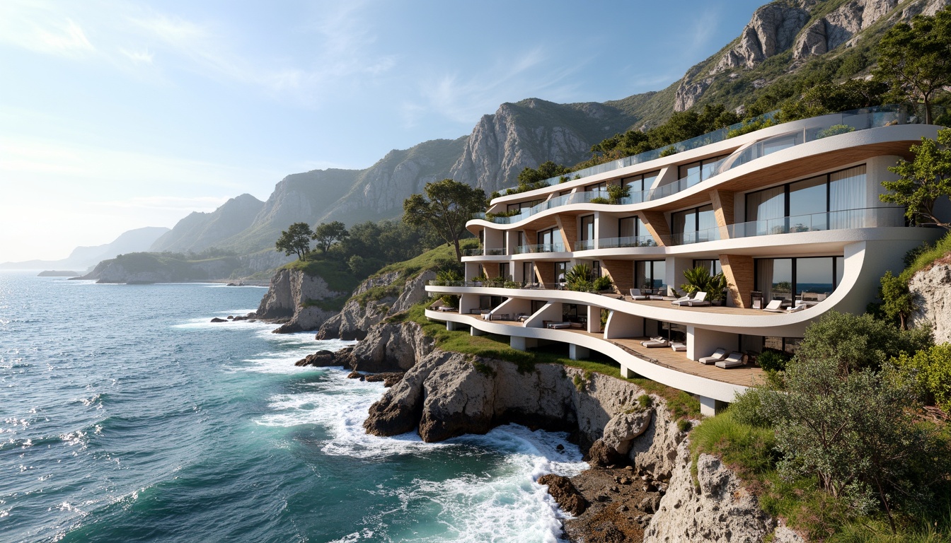 Prompt: Wave-crashing coastline, salty sea air, rugged cliffside, modern coastal architecture, undulating fa\u00e7ades, wavy balconies, ocean-inspired railings, driftwood accents, weathered wooden planks, beachy color palette, soft blue hues, creamy whites, coral pinks, large windows, sliding glass doors, natural ventilation systems, solar panels, green roofs, eco-friendly materials, cantilevered structures, dramatic overhangs, 3/4 composition, panoramic view, realistic textures, ambient occlusion.