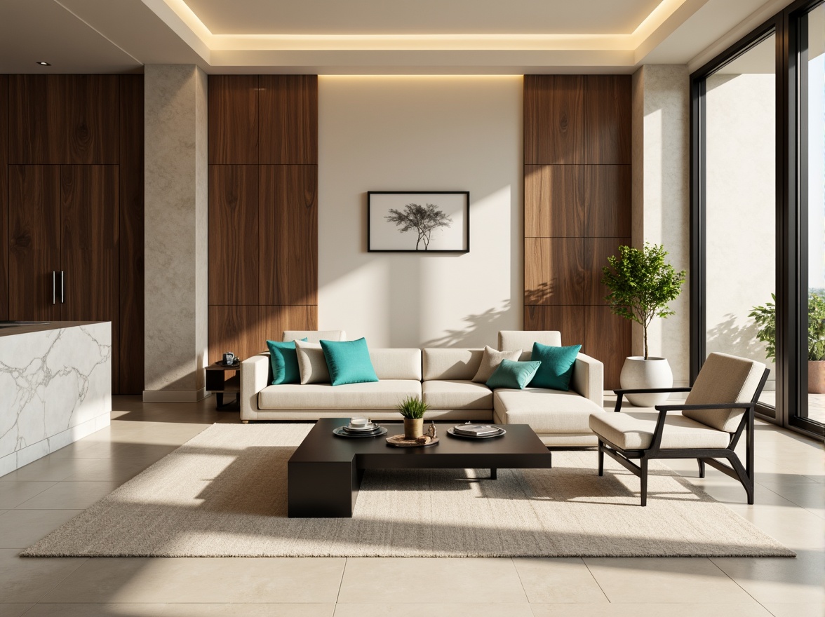 Prompt: Modern living room, sleek furniture, minimalist decor, neutral color palette, soft beige walls, rich walnut wood accents, creamy white marble countertops, bold black metal frames, vibrant turquoise throw pillows, natural linen upholstery, warm golden lighting, shallow depth of field, 1/1 composition, realistic textures, ambient occlusion.