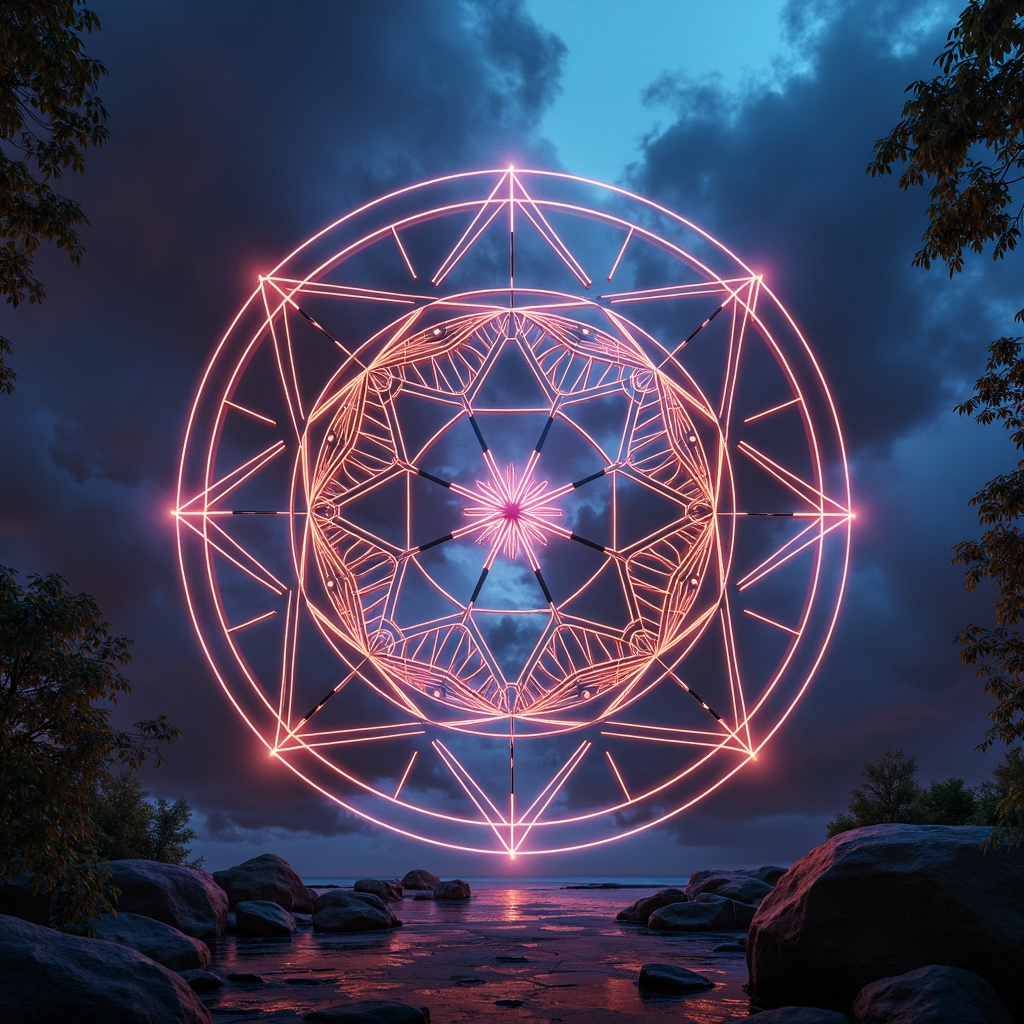 Prompt: Sacred geometry, intricate patterns, symbolic shapes, spiritual architecture, mystical mandalas, vibrant colors, glowing auras, ethereal light, atmospheric mist, ancient wisdom, esoteric knowledge, futuristic structures, neon-lit cityscapes, cyberpunk aesthetics, holographic projections, 3D modeling, abstract compositions, low-poly designs, minimalist forms, sacred symbols, ritualistic patterns, mystical energies, otherworldly landscapes, dreamlike scenarios, surreal atmospheres, cinematic lighting, high-contrast colors.