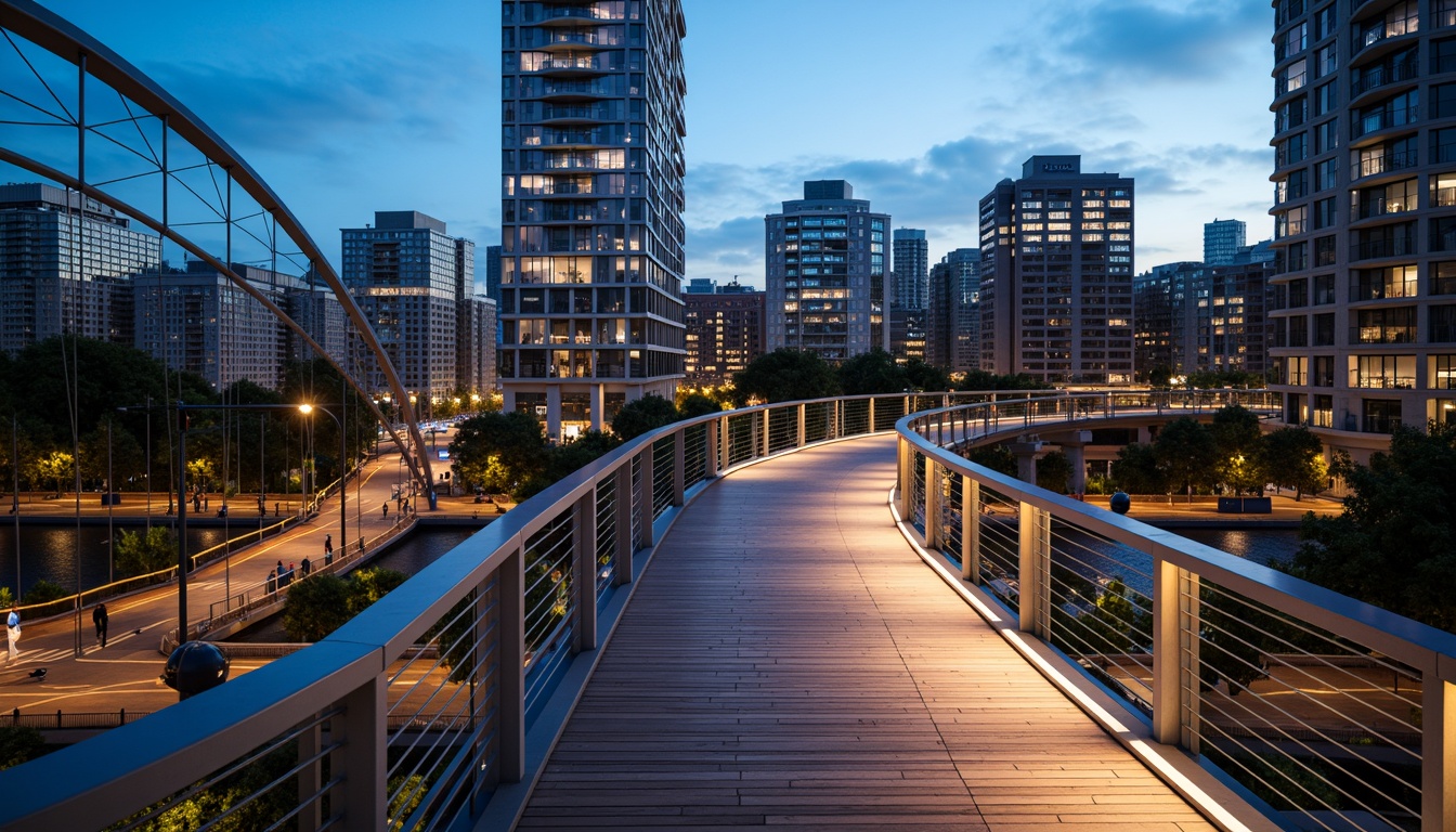 Prompt: Curved pedestrian bridge, sleek metal railings, wooden decking, modern urban landscape, city skyline, vibrant streetlights, bustling streets, dynamic structural elements, cantilevered sections, suspension cables, geometric shapes, minimalist design, functional lighting, safety features, accessible ramps, staircases, observation decks, panoramic views, realistic textures, ambient occlusion, shallow depth of field, 3/4 composition.