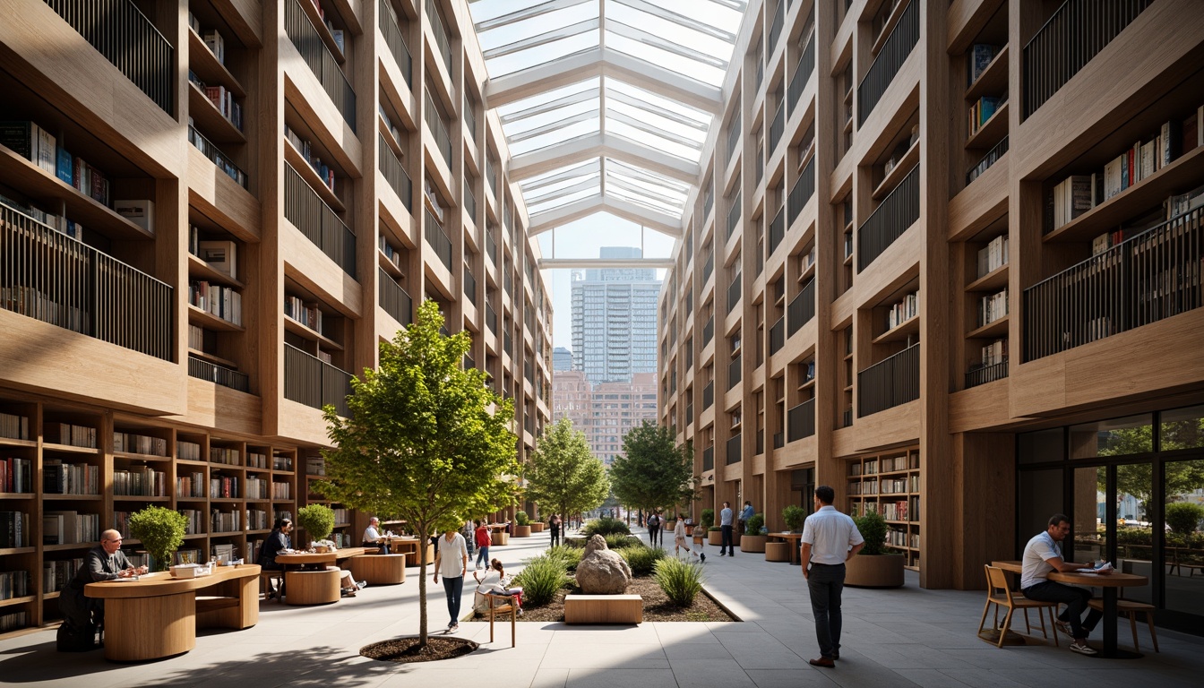 Prompt: Urban library interior, natural light pouring in, floor-to-ceiling windows, wooden shelves, bookshelves, reading tables, comfortable seating areas, warm atmosphere, soft warm lighting, shallow depth of field, 3/4 composition, panoramic view, realistic textures, ambient occlusion, modern architecture, glass roofs, skylights, clerestory windows, urban cityscape views, bustling streets, pedestrians walking by, trees lining the sidewalk.