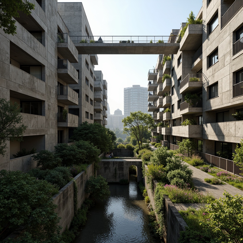 Prompt: Rugged brutalist buildings, raw concrete textures, fortress-like structures, overgrown vegetation, wildflowers, moss-covered walls, weathered steel beams, industrial materials, urban landscape integration, cityscape views, elevated walkways, cantilevered sections, dramatic shadows, harsh natural light, 1/1 composition, symmetrical framing, high-contrast lighting, gritty realistic textures, ambient occlusion.