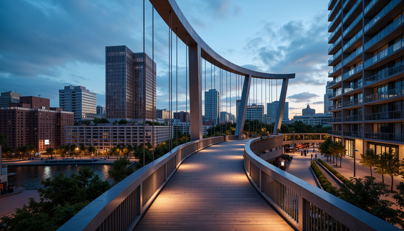 Prompt: Curved pedestrian bridge, sleek metal railings, wooden decking, modern urban landscape, city skyline, vibrant streetlights, bustling streets, dynamic structural elements, cantilevered sections, suspension cables, geometric shapes, minimalist design, functional lighting, safety features, accessible ramps, staircases, observation decks, panoramic views, realistic textures, ambient occlusion, shallow depth of field, 3/4 composition.