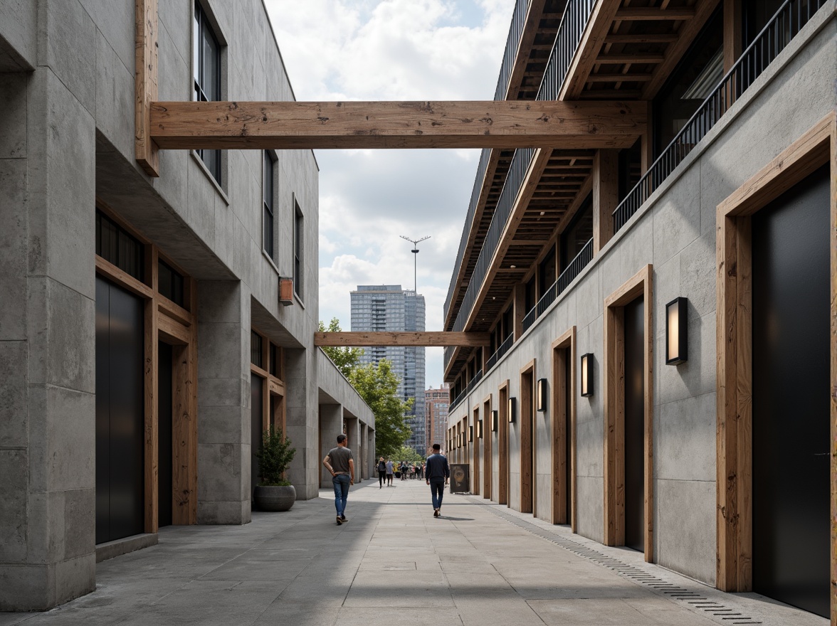 Prompt: Rough concrete walls, industrial metal beams, raw wooden accents, minimalist decorative elements, functional simplicity, bold geometric shapes, primary color schemes, brutalist influences, urban cityscape, overcast skies, dramatic shadows, high-contrast lighting, 1/1 composition, symmetrical framing, abstract textures, ambient occlusion.