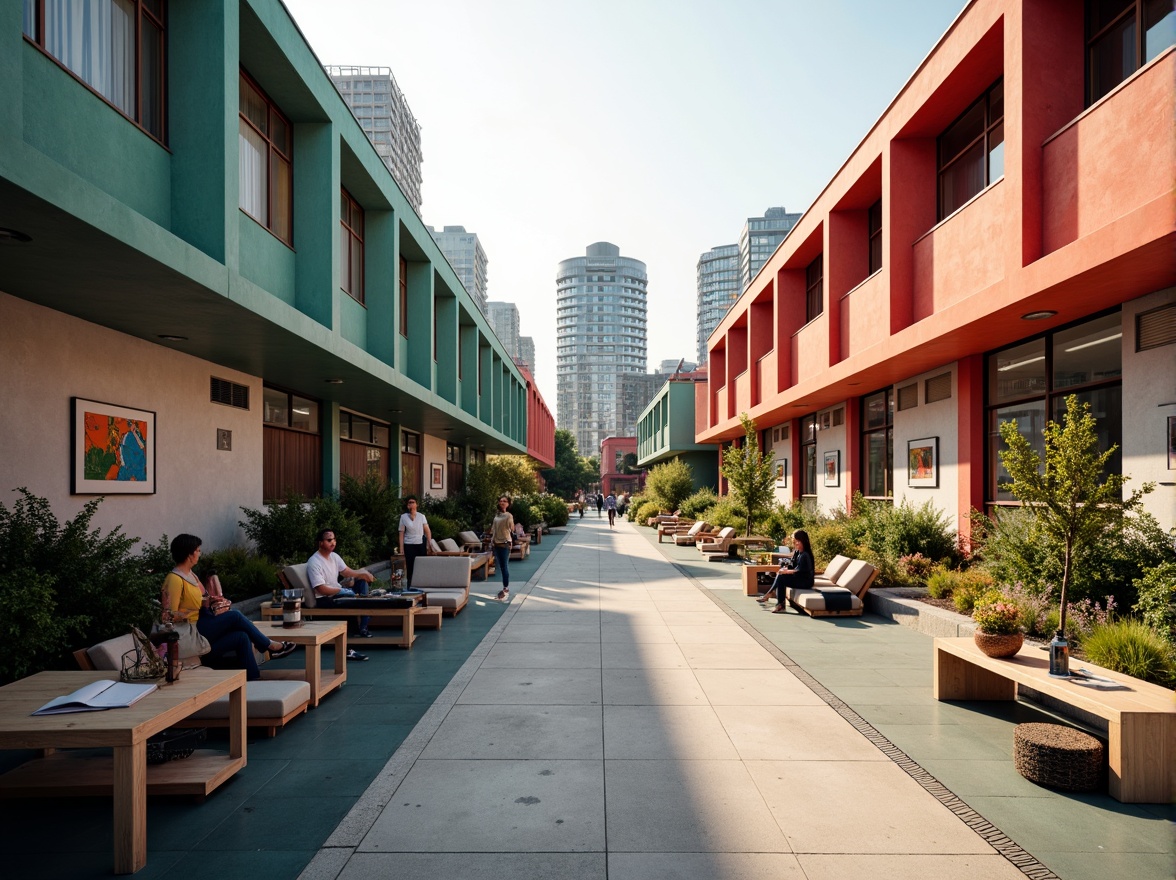 Prompt: Geometric student halls, bold primary colors, rectangular windows, flat roofs, functionalist architecture, industrial materials, exposed pipes, minimalist decor, communal living spaces, modernist furniture, abstract artwork, urban surroundings, busy streets, contemporary cityscape, natural light, high contrast shadows, dramatic lighting, 1/1 composition, symmetrical framing, realistic textures, ambient occlusion.