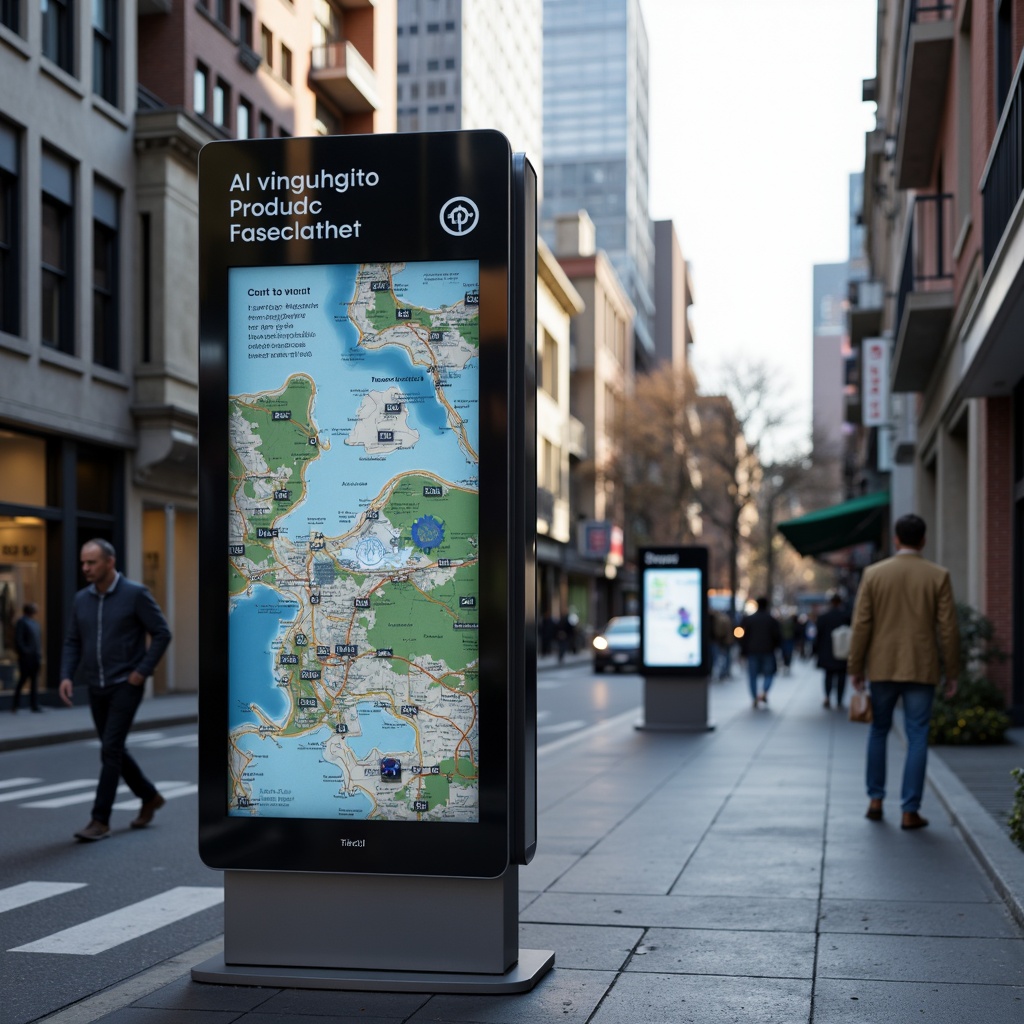 Prompt: Modern wayfinding signage, sleek metal frames, digital displays, interactive kiosks, clear typography, vibrant color schemes, intuitive navigation, pedestrian-friendly infrastructure, urban cityscape, bustling streets, morning commute, soft natural lighting, shallow depth of field, 1/1 composition, realistic textures, ambient occlusion.