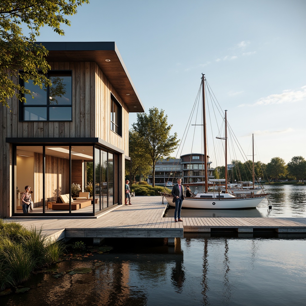 Prompt: Weathered wood accents, rustic metal cladding, nautical-themed decorations, waterfront location, serene lake views, sailboat-inspired design, modern boathouse architecture, large windows, sliding glass doors, wooden docks, rope railings, porthole windows, marine-grade materials, ocean-inspired color palette, sunny day, soft warm lighting, shallow depth of field, 3/4 composition, panoramic view, realistic textures, ambient occlusion.