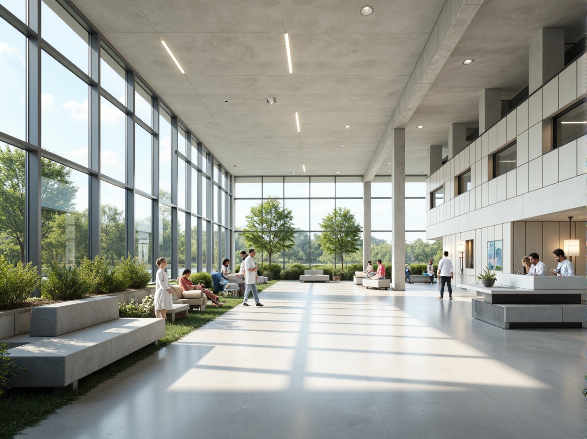 Prompt: Minimalist hospital interior, abundant natural light, floor-to-ceiling windows, sleek metal frames, polished concrete floors, calming white walls, sparse greenery, modern medical equipment, stainless steel surfaces, subtle ambient lighting, soft warm color palette, shallow depth of field, 1/1 composition, realistic textures, ambient occlusion, serene atmosphere, peaceful waiting areas, comfortable patient rooms, efficient nurse stations.