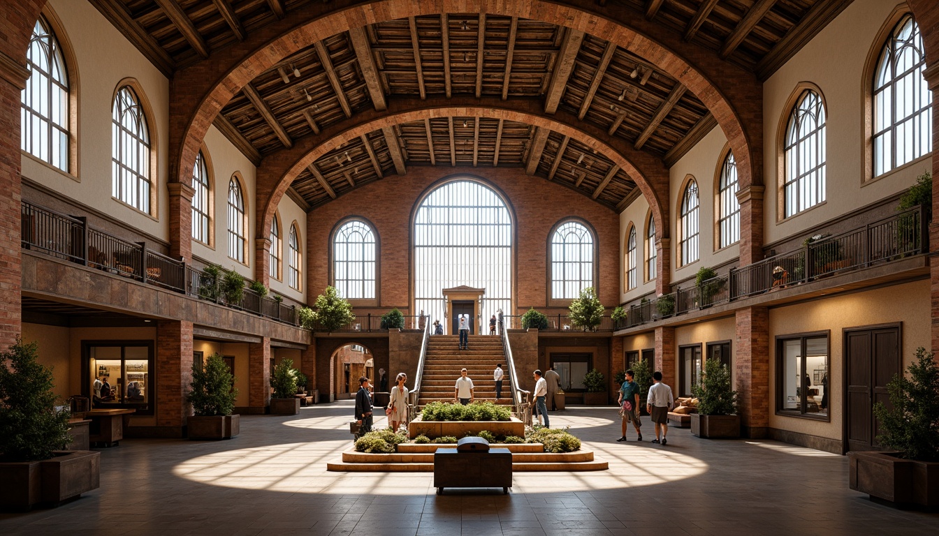 Prompt: Grand train station, Romanesque archways, ornate stone carvings, vaulted ceilings, large stained glass windows, intricate ironwork, rustic brick walls, majestic columns, grand staircases, ornamental railings, vintage luggage carts, old-fashioned clock towers, warm golden lighting, shallow depth of field, 1/1 composition, symmetrical framing, realistic textures, ambient occlusion.