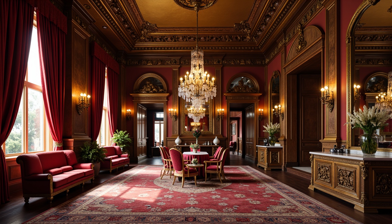 Prompt: Rich velvet drapes, ornate gold frames, luxurious crystal chandeliers, intricate wooden carvings, lavish marble countertops, opulent bronze fixtures, regal red leather upholstery, sumptuous patterned rugs, grandiose mirrors, dramatic coved ceilings, warm golden lighting, 1/1 composition, shallow depth of field, realistic textures, ambient occlusion.