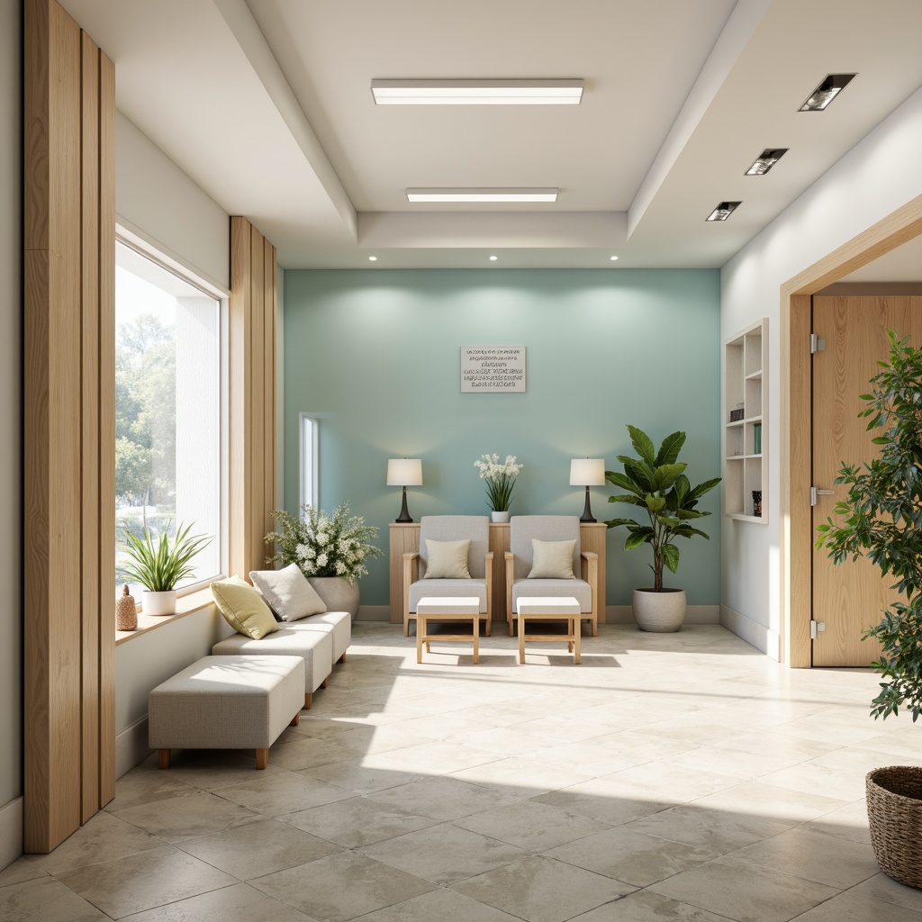 Prompt: Calming medical clinic, soothing color scheme, pastel shades, gentle whites, creamy beiges, soft blues, muted greens, warm wood accents, natural stone floors, minimalist decor, modern furniture, comfortable seating areas, abundant natural light, subtle texture contrasts, 1/1 composition, shallow depth of field, realistic renderings.