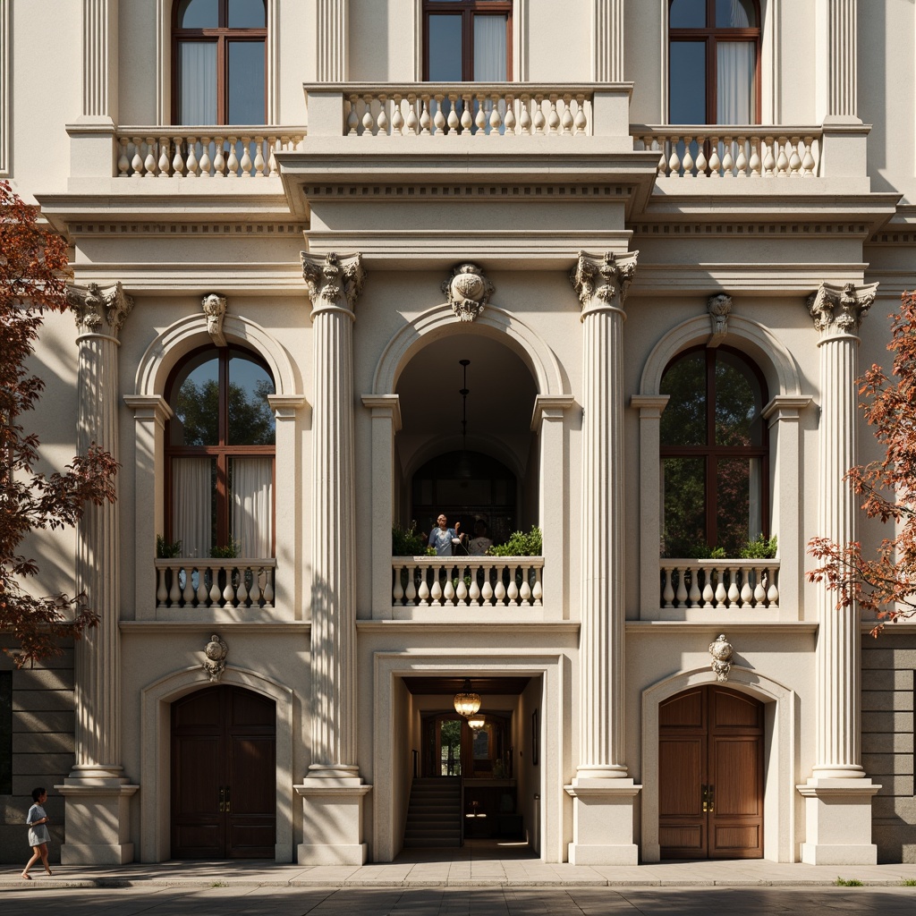 Prompt: Grandiose building facade, ornate columns, intricately carved details, symmetrical composition, classical proportions, limestone or marble materials, subtle color palette, soft natural light, warm afternoon ambiance, shallow depth of field, 2/3 composition, realistic textures, ambient occlusion, ornamental balustrades, decorative friezes, sculpted pediments, grand entranceways, sweeping staircases, elegant archways, refined moldings, luxurious ornamentation.