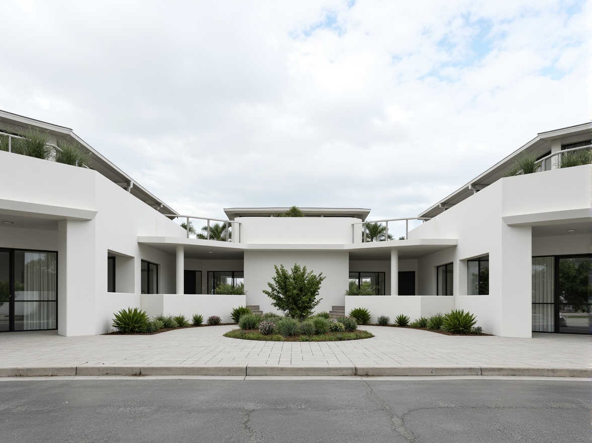 Prompt: Clean hospital facade, minimalist architecture, simple rectangular forms, flat roofs, neutral color palette, white walls, large windows, sliding glass doors, subtle metal frames, horizontal lines, minimal ornamentation, functional design, energy-efficient systems, green roofs, rainwater harvesting systems, natural ventilation, soft diffused lighting, 1/1 composition, realistic materials, ambient occlusion.