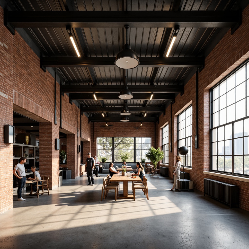 Prompt: Exposed brick walls, metal beams, reclaimed wood accents, industrial-style lighting fixtures, concrete floors, urban cityscape, converted warehouse, modern minimalist decor, functional simplicity, neutral color palette, distressed textures, vintage machinery, eclectic decorative elements, open floor plan, high ceilings, natural light pouring in, dramatic shadows, 3/4 composition, shallow depth of field, realistic renderings.