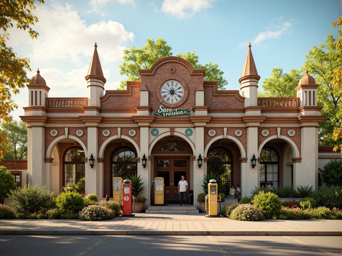 Prompt: Whimsical gas station, ornate fa\u00e7ade, vintage petrol pumps, distressed brick walls, rusty metal accents, floral patterns, soft pastel colors, intricate stonework, grand entrance arches, decorative cornices, ornamental turrets, lush greenery, blooming flowers, warm sunny day, soft golden lighting, shallow depth of field, 1/1 composition, realistic textures, ambient occlusion.