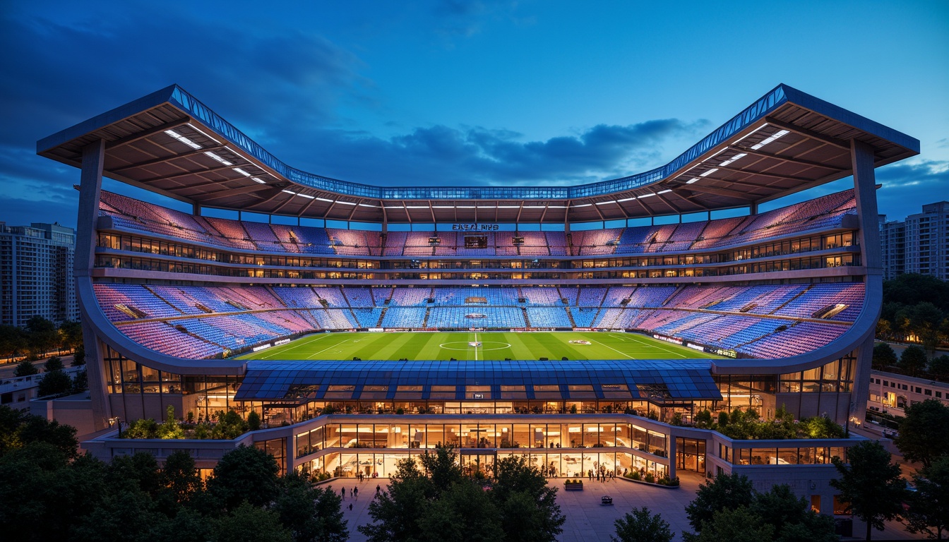 Prompt: Dynamic soccer stadium facade, undulating curves, parametric design, LED light installations, translucent panels, gradient color schemes, sleek metallic materials, angular lines, futuristic architecture, cantilevered roofs, open-air concourses, urban cityscape views, vibrant evening atmosphere, dramatic spotlights, shallow depth of field, 1/1 composition, realistic textures, ambient occlusion.