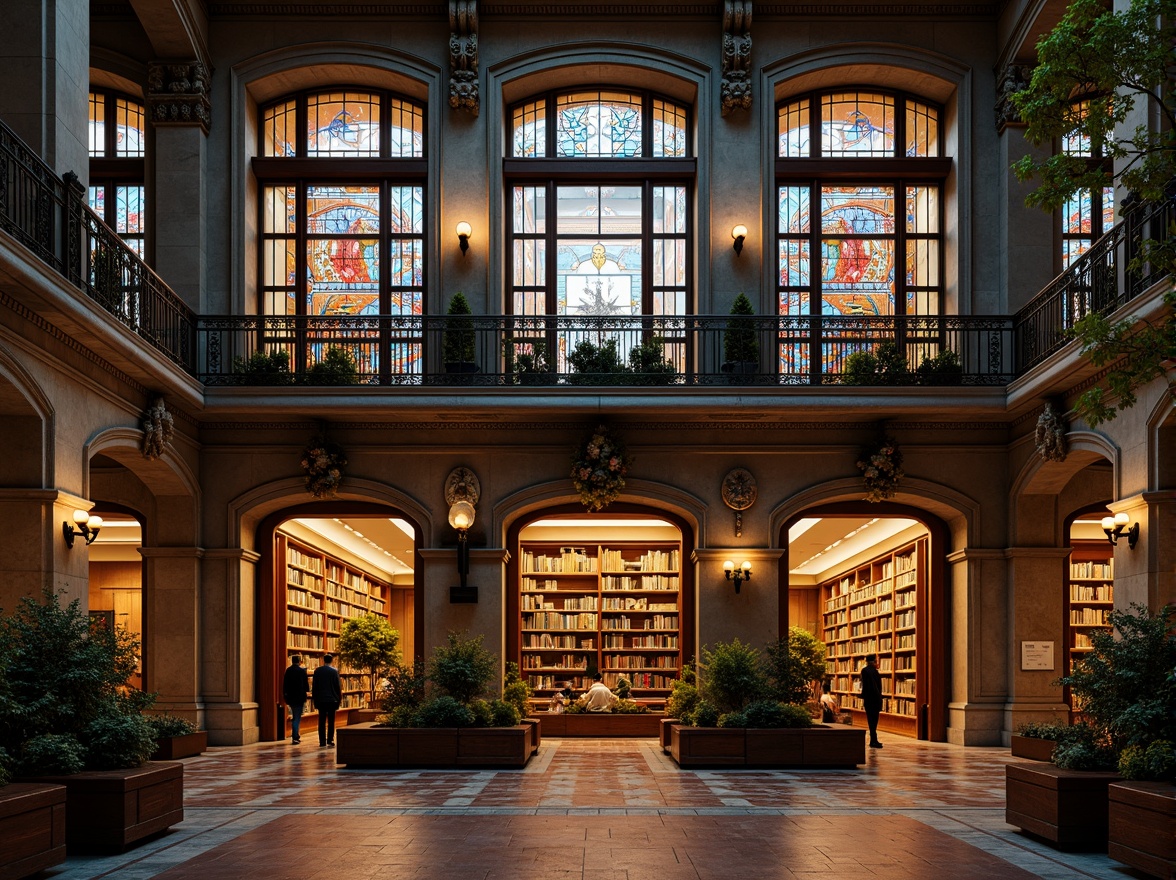 Prompt: Grandiose library facade, eclectic architectural style, ornate stone carvings, intricate metalwork, vibrant stained glass windows, asymmetrical composition, grand entrance archways, imposing columns, ornamental balconies, richly patterned textiles, warm golden lighting, dramatic shadows, 1/2 composition, low-angle shot, realistic materials, ambient occlusion.