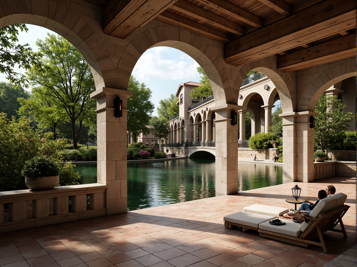 Prompt: Rustic stone archways, ornate carvings, grandiose bridges, serene water reflections, lush greenery, vibrant flowers, majestic pillars, classical balustrades, intricate stonework, weathered brick surfaces, ornamental lanterns, soft warm lighting, shallow depth of field, 3/4 composition, panoramic view, realistic textures, ambient occlusion.