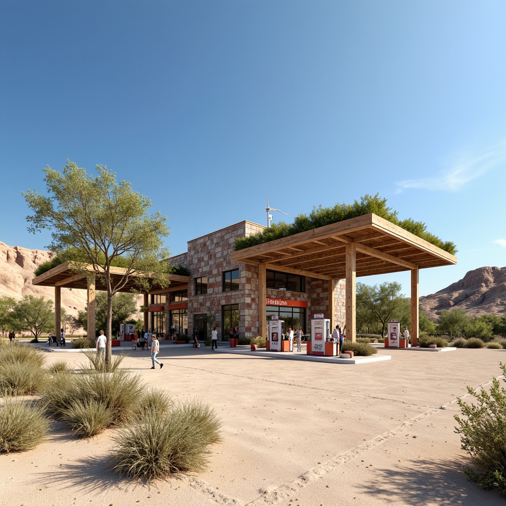 Prompt: Rustic gas station, natural stone walls, green roofs, solar panels, wind turbines, eco-friendly materials, modern minimalist architecture, angular lines, sleek metal canopies, shaded outdoor spaces, misting systems, vibrant colorful signage, intricate geometric patterns, desert landscape, sandy dunes, cactus plants, hot sunny day, clear blue sky, vast open space, 3/4 composition, panoramic view, realistic textures, ambient occlusion.