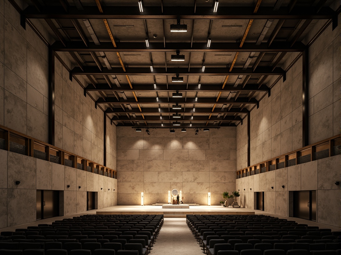 Prompt: Raw concrete walls, exposed ductwork, industrial metal beams, minimalist seating, avant-garde stage design, dramatic spotlights, reverberant sound reflections, echoey ambiance, brutalist architecture, angular lines, monochromatic color scheme, urban cityscape, evening atmosphere, warm golden lighting, shallow depth of field, 1/2 composition, symmetrical framing, high-contrast textures, ambient occlusion.