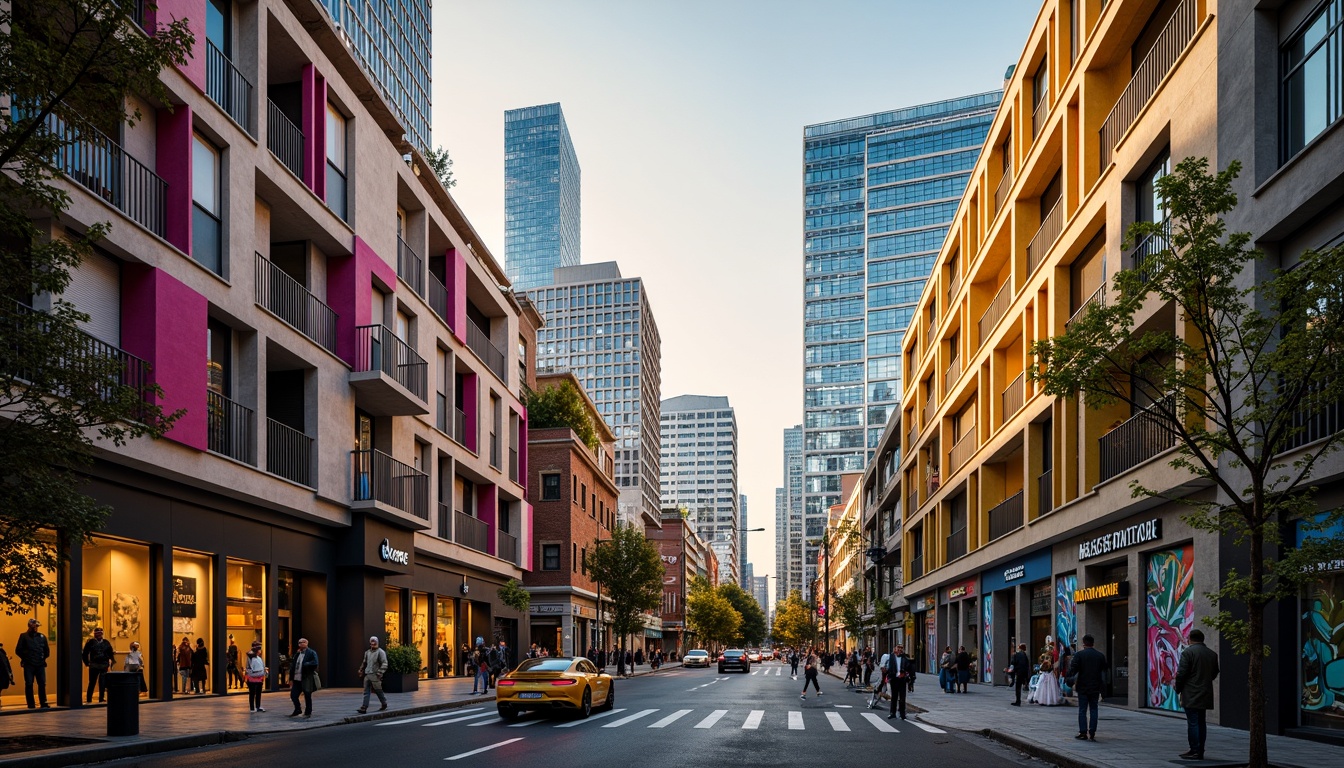 Prompt: Vibrant cityscape, modern skyscrapers, bold color blocking, contrasting hues, dynamic visual effects, urban energy, eclectic neighborhood, artistic murals, graffiti walls, trendy cafes, bustling streets, warm golden lighting, shallow depth of field, 1/1 composition, realistic textures, ambient occlusion.