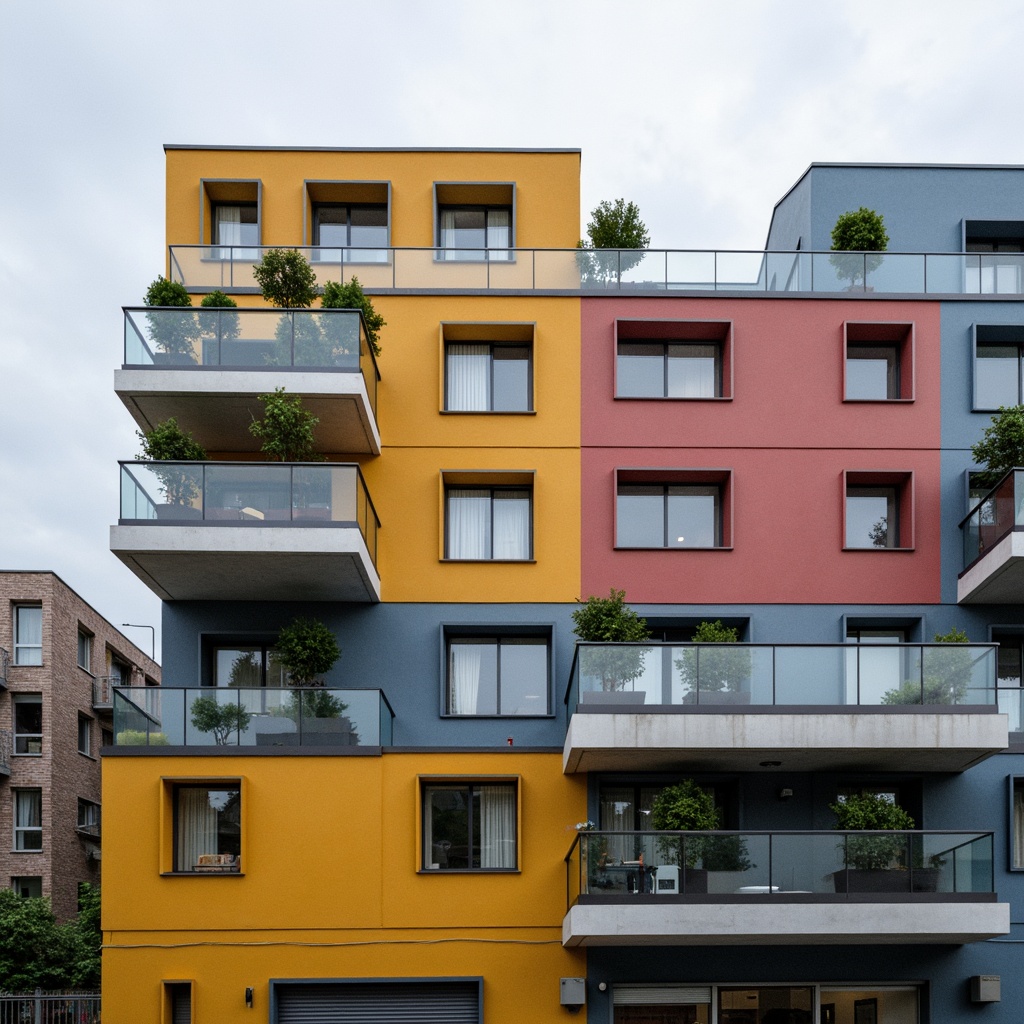 Prompt: Geometric building facade, rectangular forms, primary color scheme, industrial materials, steel frames, glass windows, minimalist ornamentation, functional simplicity, clean lines, right angles, asymmetrical composition, urban cityscape, cloudy sky, soft diffused lighting, shallow depth of field, 2/3 composition, realistic textures, ambient occlusion.