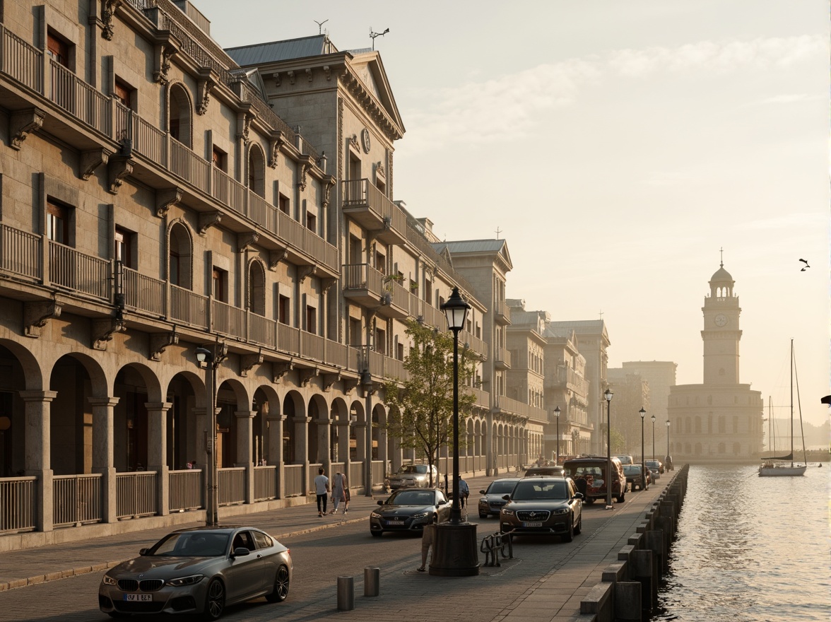 Prompt: Riverfront promenade, ornate balustrades, grandiose columns, symmetrical facades, classical arches, elegant cornices, limestone buildings, majestic clock towers, tranquil water reflections, sailboats, seagulls, misty morning atmosphere, warm golden lighting, shallow depth of field, 1/2 composition, panoramic view, realistic textures, ambient occlusion.