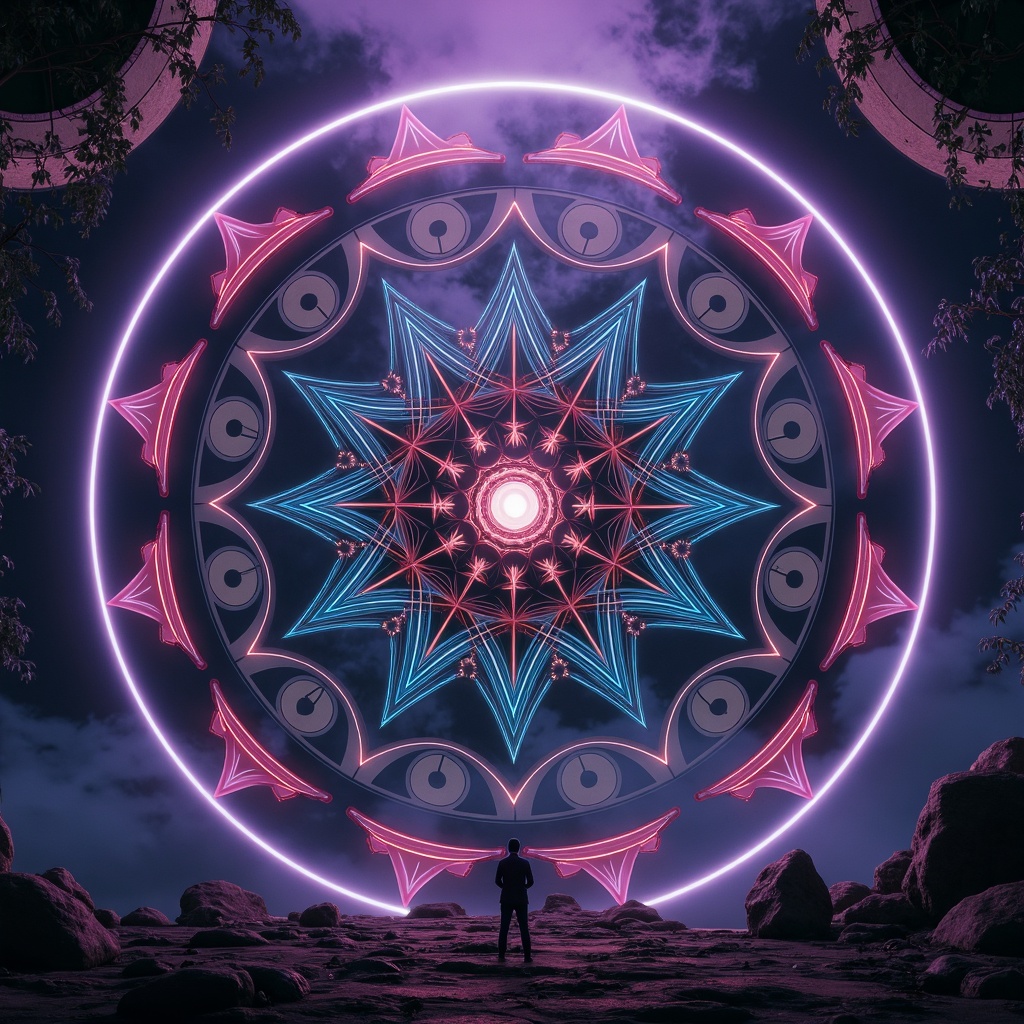 Prompt: Sacred geometry, intricate patterns, symbolic shapes, spiritual architecture, mystical mandalas, vibrant colors, glowing auras, ethereal light, atmospheric mist, ancient wisdom, esoteric knowledge, futuristic structures, neon-lit cityscapes, cyberpunk aesthetics, holographic projections, 3D modeling, abstract compositions, low-poly designs, minimalist forms, sacred symbols, ritualistic patterns, mystical energies, otherworldly landscapes, dreamlike scenarios, surreal atmospheres, cinematic lighting, high-contrast colors.