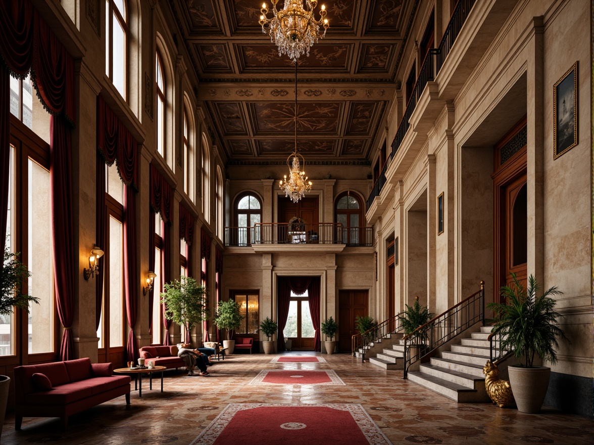 Prompt: Ornate neoclassical building, marble columns, intricately carved stone facades, ornamental metalwork, grandiose entranceways, polished wooden doors, luxurious velvet drapes, gilded frames, crystal chandeliers, richly patterned rugs, opulent furnishings, subtle warm lighting, shallow depth of field, 1/1 composition, realistic textures, ambient occlusion.