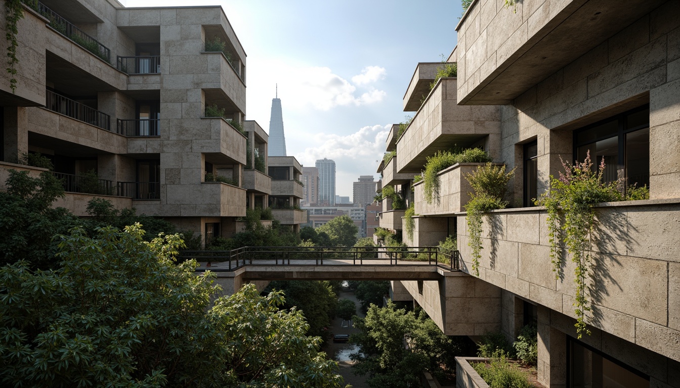 Prompt: Rugged brutalist buildings, raw concrete textures, fortress-like structures, overgrown vegetation, wildflowers, moss-covered walls, weathered steel beams, industrial materials, urban landscape integration, cityscape views, elevated walkways, cantilevered sections, dramatic shadows, harsh natural light, 1/1 composition, symmetrical framing, high-contrast lighting, gritty realistic textures, ambient occlusion.