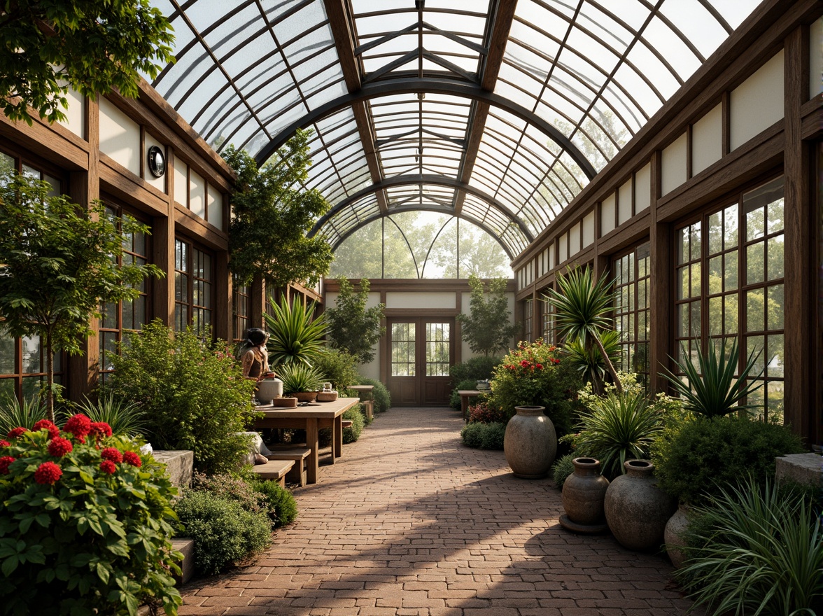 Prompt: Ornate greenhouse, lush tropical plants, exotic flowers, curved glass roofs, ornamental metal frames, natural stone walls, rustic wooden accents, vintage gardening tools, distressed brick pathways, soft warm lighting, shallow depth of field, 1/1 composition, realistic textures, ambient occlusion, innovative materials, recycled glass, low-carbon concrete, sustainable wood, eco-friendly insulation, energy-efficient systems, misting irrigation systems, romantic ambiance, serene atmosphere.