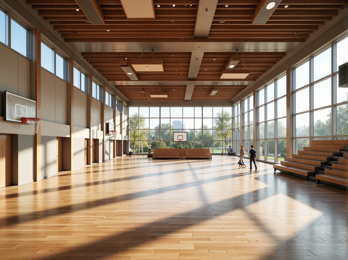 Prompt: Modern gymnasium interior, high ceilings, wooden flooring, sound-absorbing panels, acoustic ceiling tiles, reverberation control systems, echo-reducing materials, sports equipment, basketball hoops, volleyball nets, bleacher seating, natural light, large windows, transparent glass walls, minimal ornamentation, functional design, warm color scheme, soft indirect lighting, shallow depth of field, 1/2 composition, realistic textures, ambient occlusion.