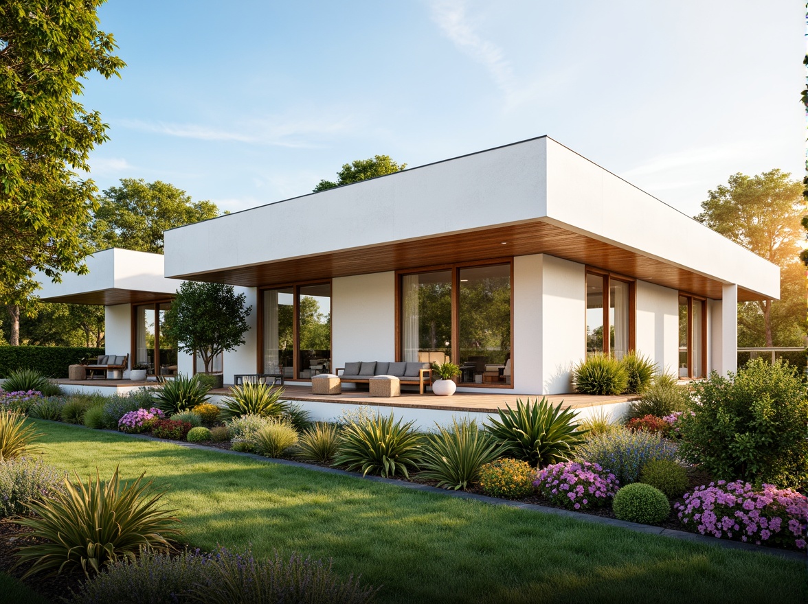 Prompt: South-facing building facade, abundant natural light, passive solar heating, energy-efficient design, modern architecture, rectangular shape, flat roof, white exterior walls, large windows, sliding glass doors, outdoor seating area, lush greenery, vibrant flowers, warm sunny day, soft warm lighting, shallow depth of field, 3/4 composition, panoramic view, realistic textures, ambient occlusion.