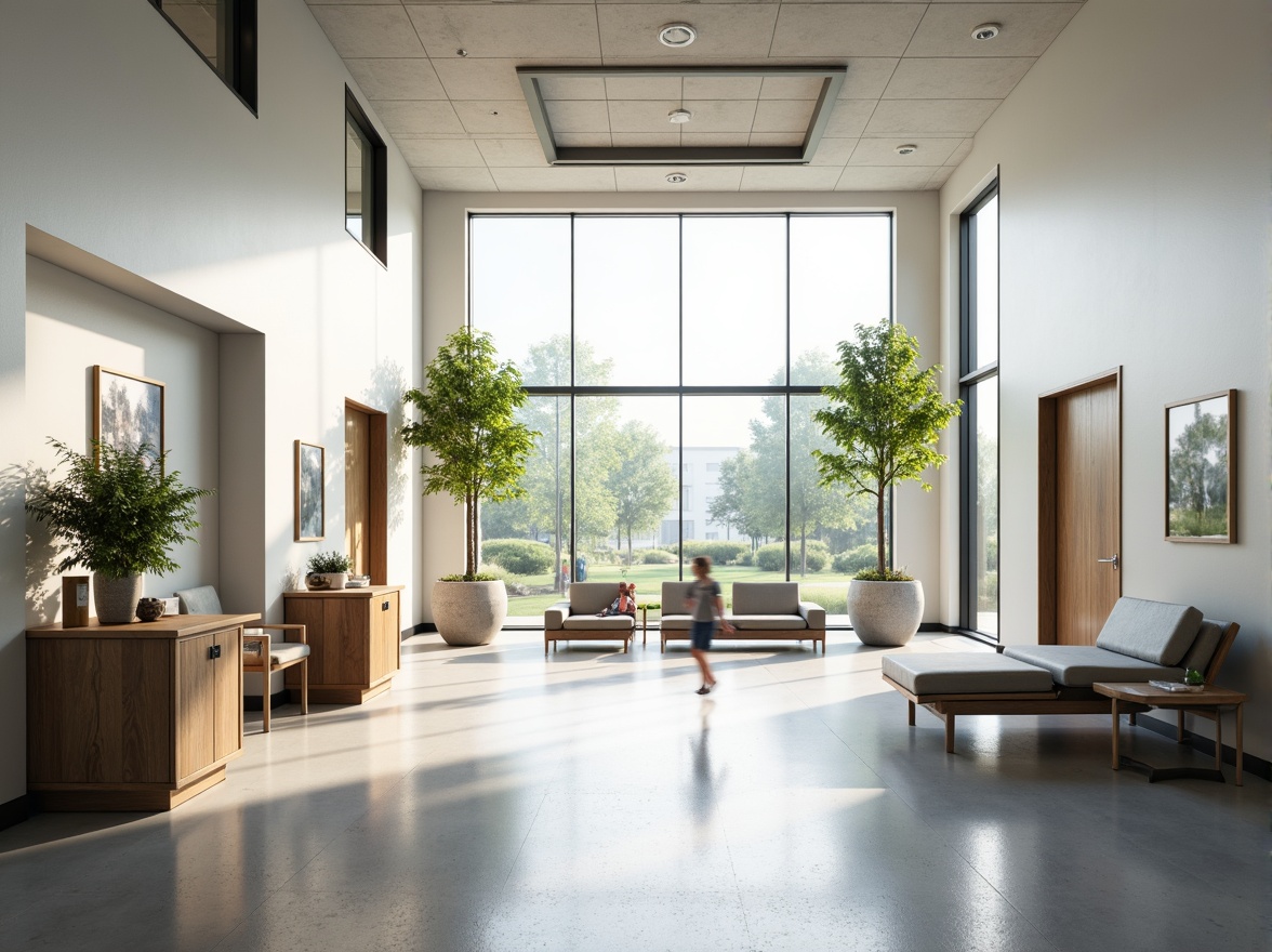 Prompt: Minimalist hospital interior, abundant natural light, floor-to-ceiling windows, sleek metal frames, polished concrete floors, calming white walls, sparse greenery, modern medical equipment, stainless steel surfaces, subtle ambient lighting, soft warm tones, shallow depth of field, 1/1 composition, realistic textures, ambient occlusion, serene atmosphere, peaceful waiting areas, comfortable patient rooms, efficient nurse stations, minimalist decor, natural stone accents, wooden furniture, gentle color palette.