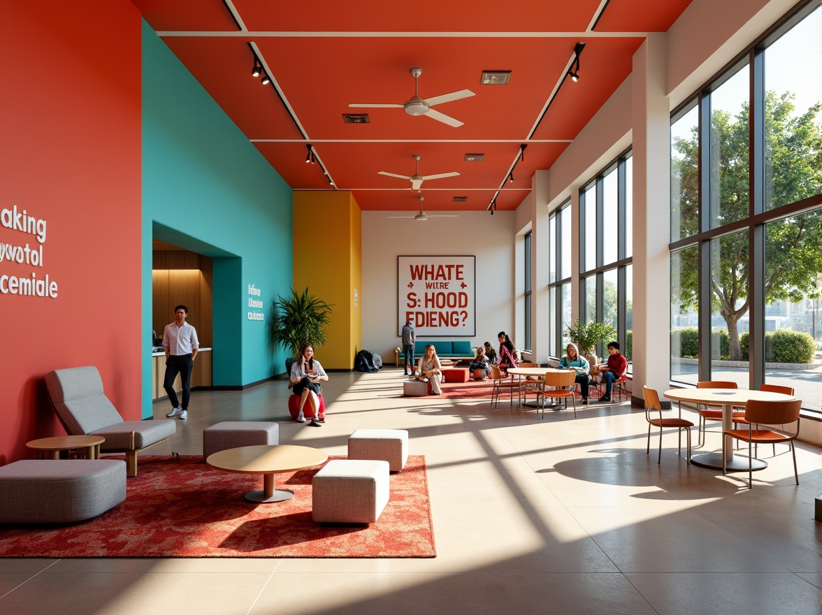 Prompt: Vibrant youth center, energetic atmosphere, bold color scheme, bright coral walls, lively turquoise accents, warm beige floors, modern minimalist furniture, sleek metal fixtures, playful patterned rugs, inspirational quotes, natural light pouring in, large windows, open spaces, collaborative zones, cozy reading nooks, dynamic lighting, shallow depth of field, 1/1 composition, realistic textures, ambient occlusion.